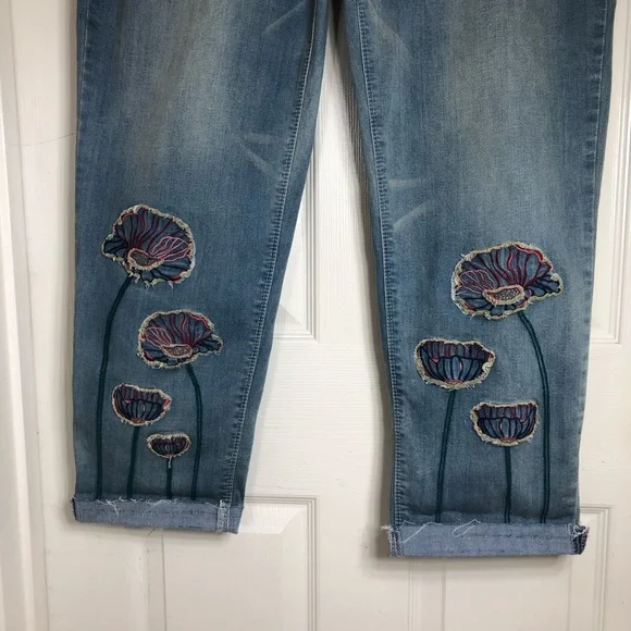 Vintage America Blues Cotton Blend Flowers Patchwork Bestie Blue Jeans 16R/33 - Picture 5 of 16